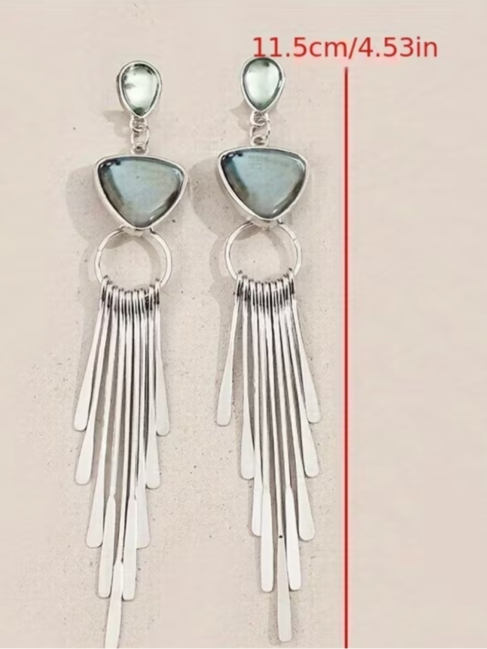 Silver Fringe Dangle Earrings Green Stone Boho Statement Drop Earrings - Picture 6 of 6